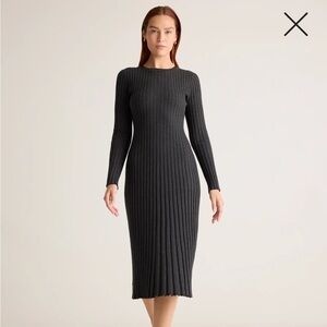 Quince Grey Cotton Cashmere Ribbed Long Sleeve Crew Midi Dress